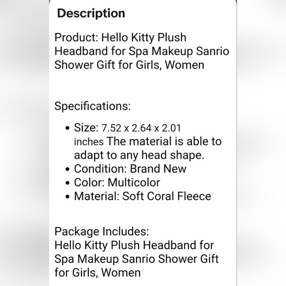 Hello Kitty Plush Headband For Spa Makeup Sanrio Kawaii - Picture 11 of 11